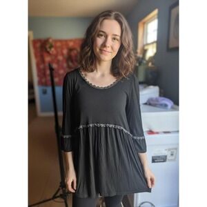 Womens POL Black Tiered Babydoll Tunic Top Lace Trim 3/4 Sleeve